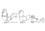 Ausmalbild Hühnerfamilie Hahn mit Henne und Küken aus dem Ei