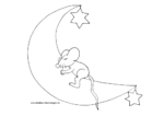 Ausmalbild Maus träumt auf Mond mit Sternen