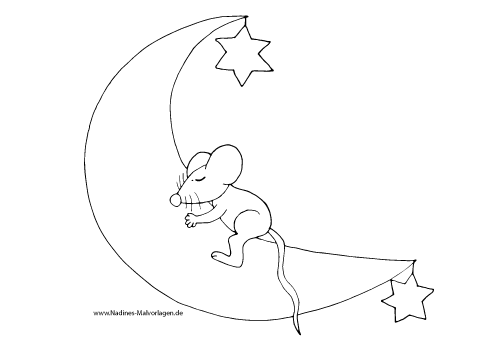 Ausmalbild Maus träumt auf Mond mit Sternen