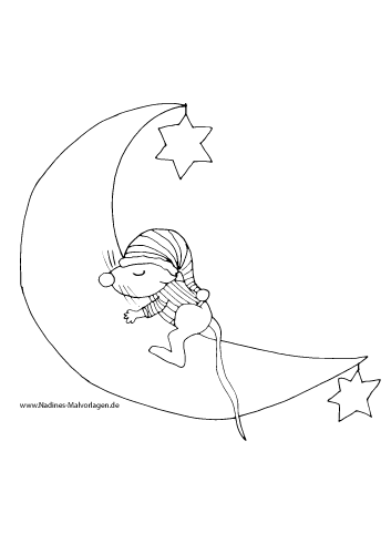 Schlafmütze Maus auf Mond mit Sternen