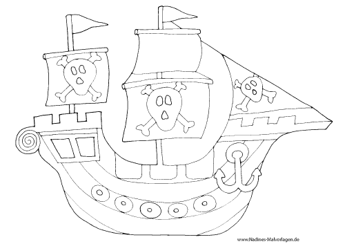 Ausmalbild Gefährliches Piratenschiff mit Totenköpfen