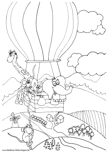 Ausmalbild Tierfreunde fliegen im Heißluftballon