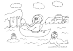 Ausmalbild Eskimo im Kanu mit Robben und Iglu