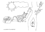 Ausmalbild Müder Jaguar auf Ast in Baum mit Papagei