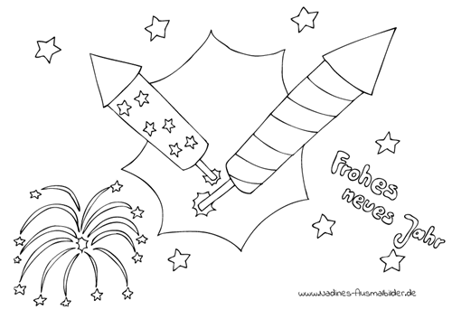 Ausmalbild Silvesterraketen Frohes neues Jahr