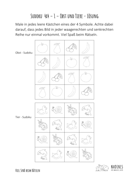 ausmalbild sudoku  4x4  1  obst und tiere  lösung