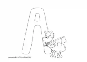 Ausmalbild Tieralphabet ABC Buchstabe A mit Bauarbeiter Ameise