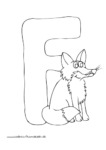 Ausmalbild Tieralphabet ABC - Buchstabe F mit freudigem Fuchs