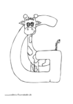 Ausmalbild Tieralphabet ABC Buchstabe G mit vertraeumter Giraffe