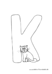 Ausmalbild Tieralphabet ABC Buchstabe K und kuscheliger Katze