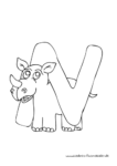 Ausmalbild Tieralphabet ABC - Buchstabe N mit fröhlichem Nashorn