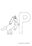 Ausmalbild Tieralphabet ABC Buchstabe P mit springendem Pferd