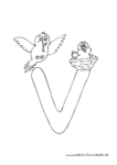 Ausmalbild Tieralphabet ABC Buchstabe V mit fliegendem Vogel