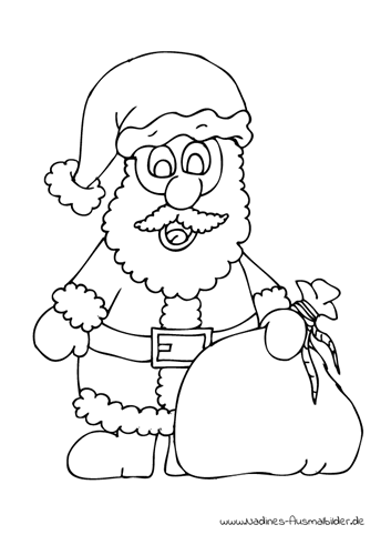 Ausmalbild Weihnachtsmann mit grossem Geschenkesack