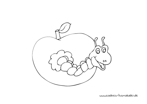 Ausmalbild Wurm in Apfel