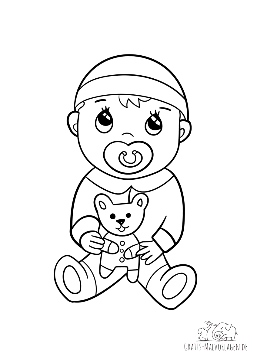 Ausmalbild Baby mit Schnuller und Teddybär