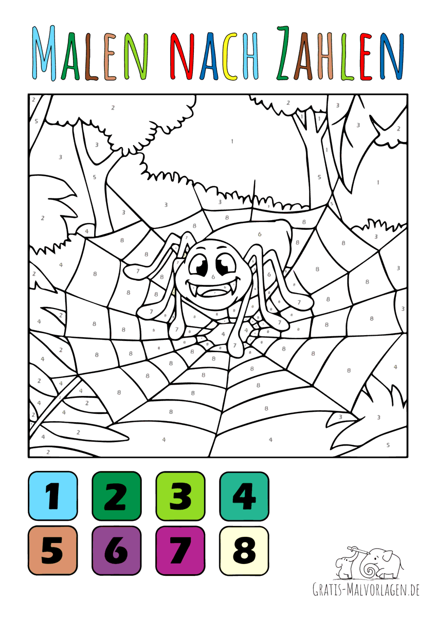 Ausmalbild Baby Spinne - Malen nach Zahlen - Gratis Malvorlagen