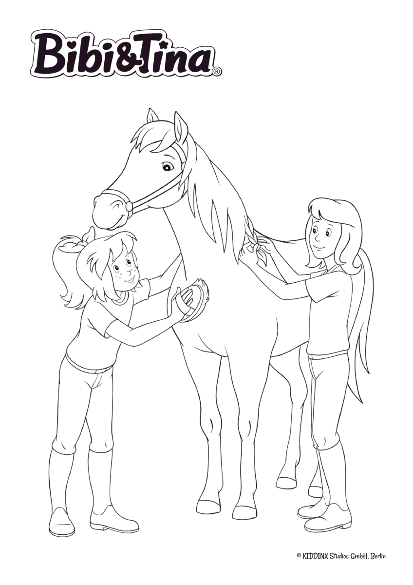 Ausmalbild Bibi & Tina - Bibi Blocksberg und Tina mit Pferd Amadeus