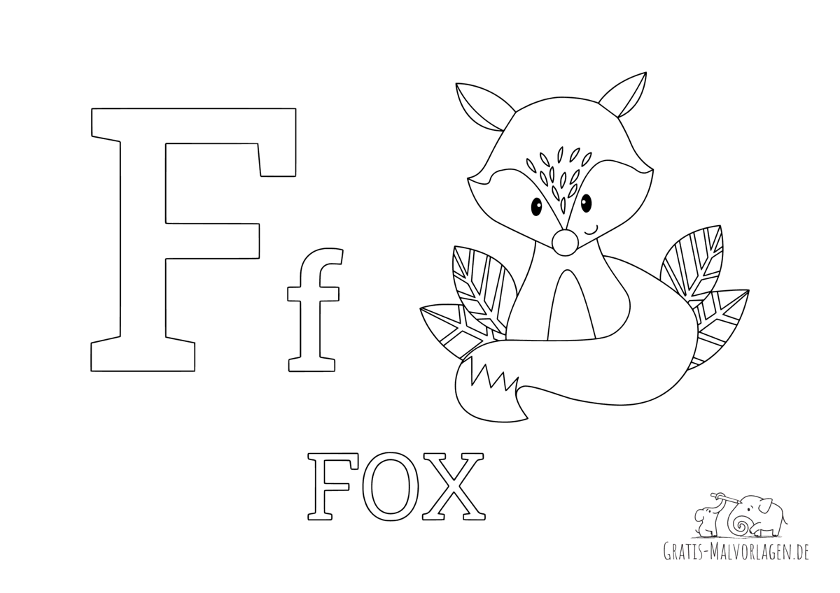 Ausmalbild Buchstabe F steht für Fox (Englisch)