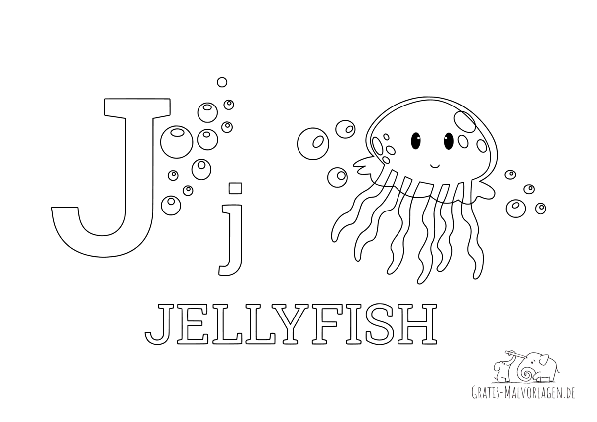 Ausmalbild Buchstabe J steht für Jellyfish (Englisch)