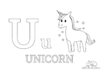 Ausmalbild Buchstabe U steht für Unicorn (Englisch)