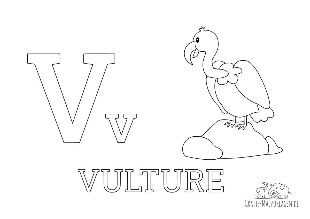 Ausmalbild Buchstabe V steht für Vulture (Englisch)