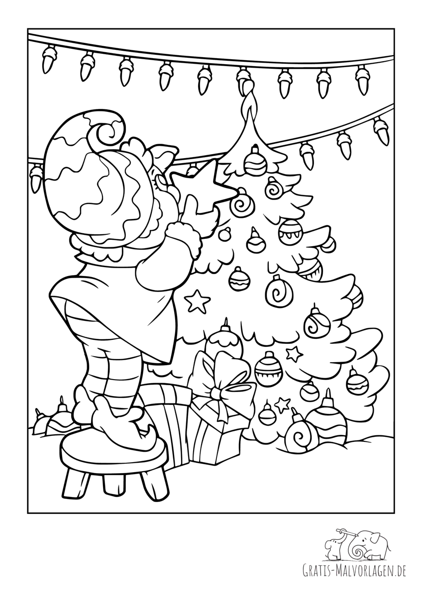Ausmalbild Elfenoma schmückt den Weihnachtsbaum