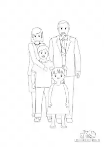 Ausmalbild Familie mit Mutter, Vater, Sohn und Tochter