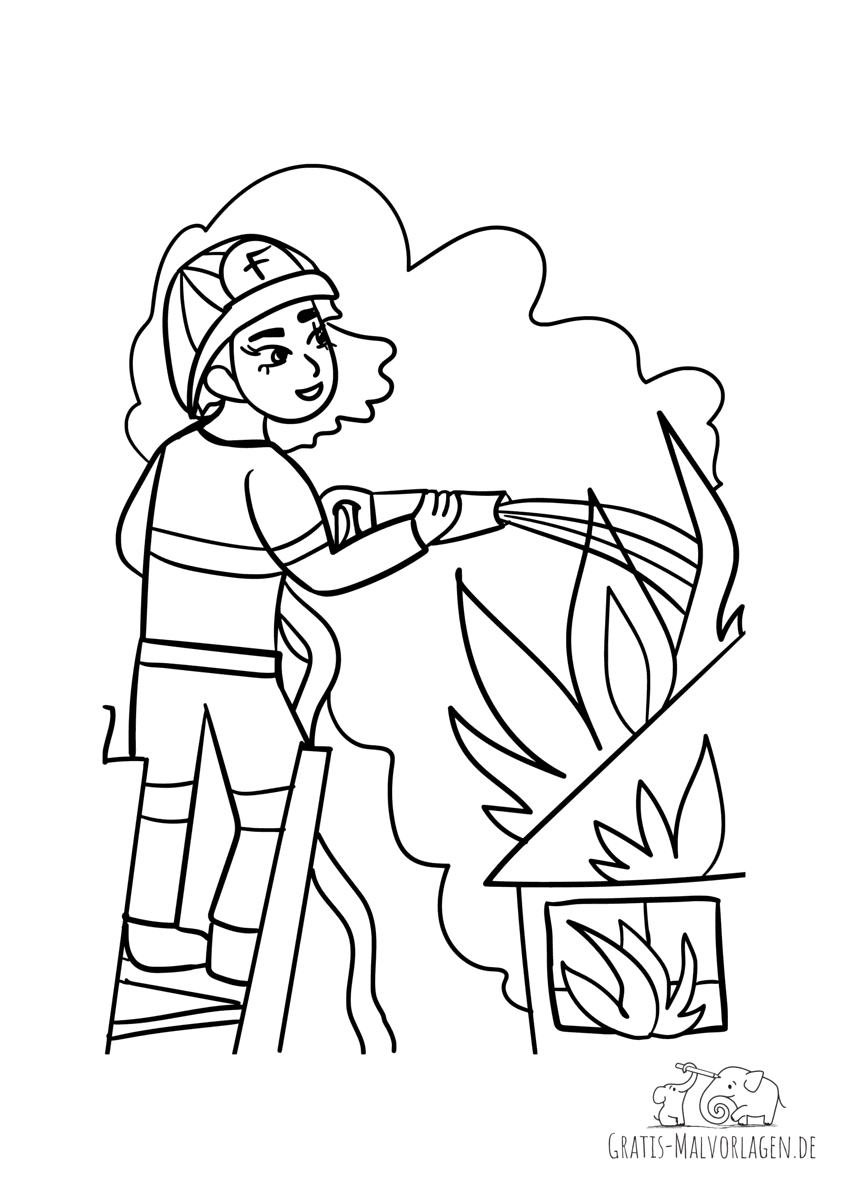 Ausmalbild Feuerwehrfrau auf Drehleiter mit Wasserschlauch löscht brennendes Gebäude