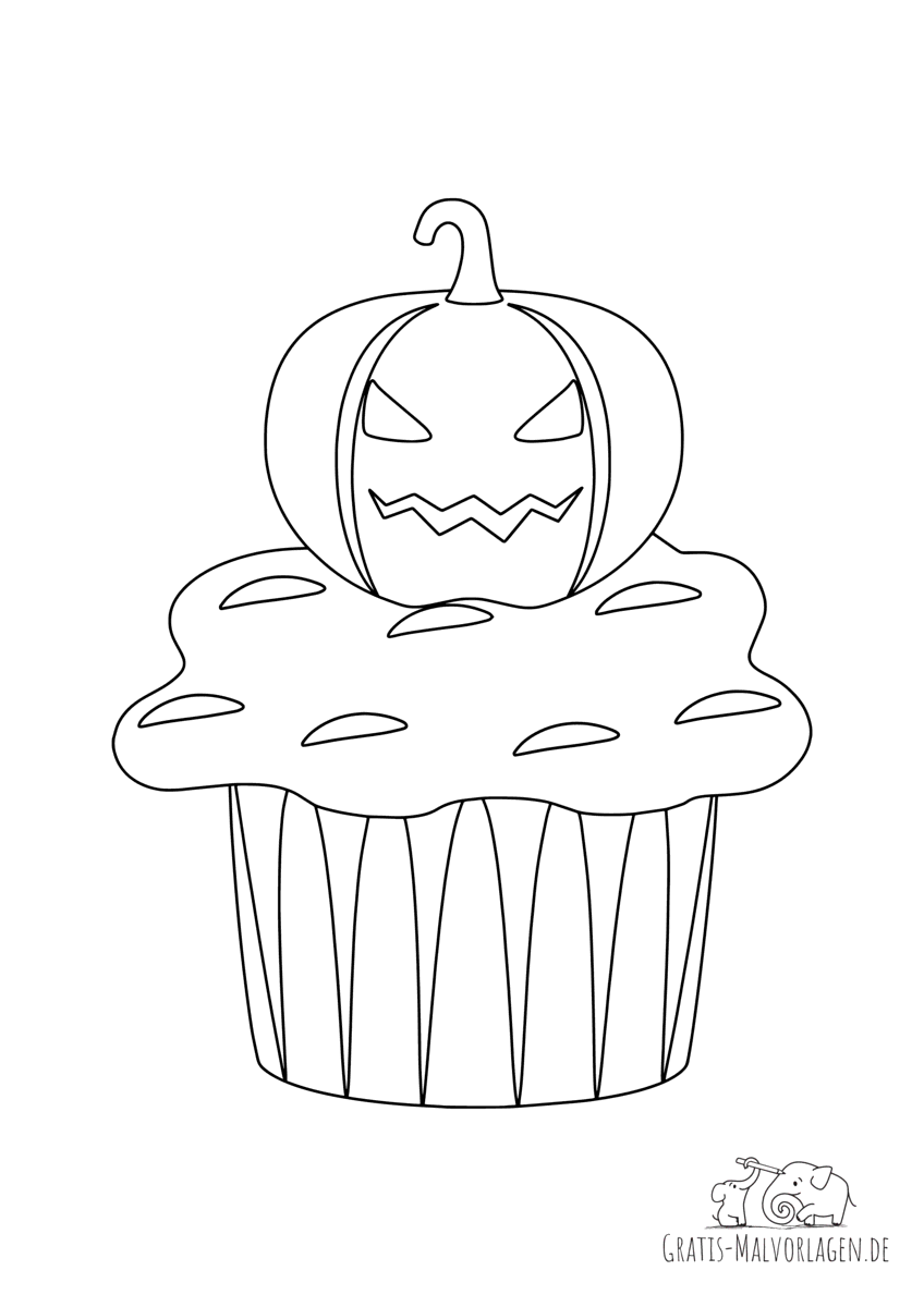 Ausmalbild Halloween Muffin mit einem Kürbis