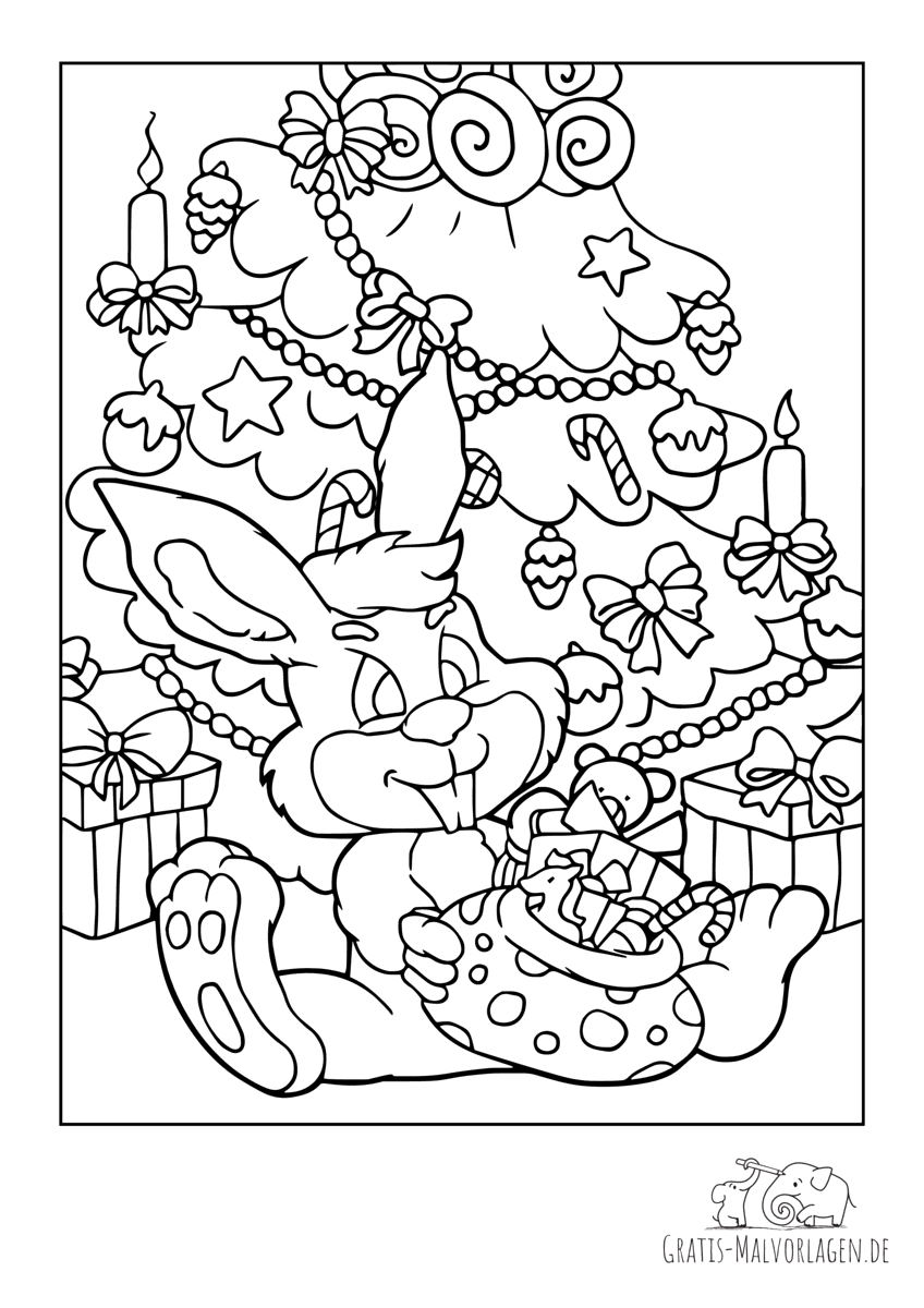 Ausmalbild Hase mit Sack voll Geschenken sitzt unter dem Weihnachtsbaum