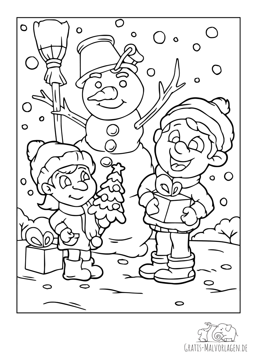Ausmalbild Kinder freuen sich über Geschenke und bauen einen Schneemann