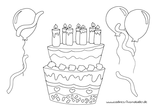 Ausmalbild Leckere Geburtstagstorte mit Luftballons