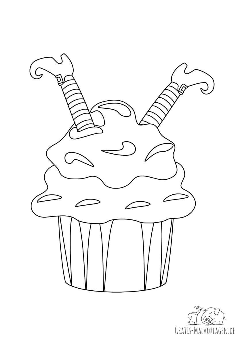 Ausmalbild Muffin mit einem Elf