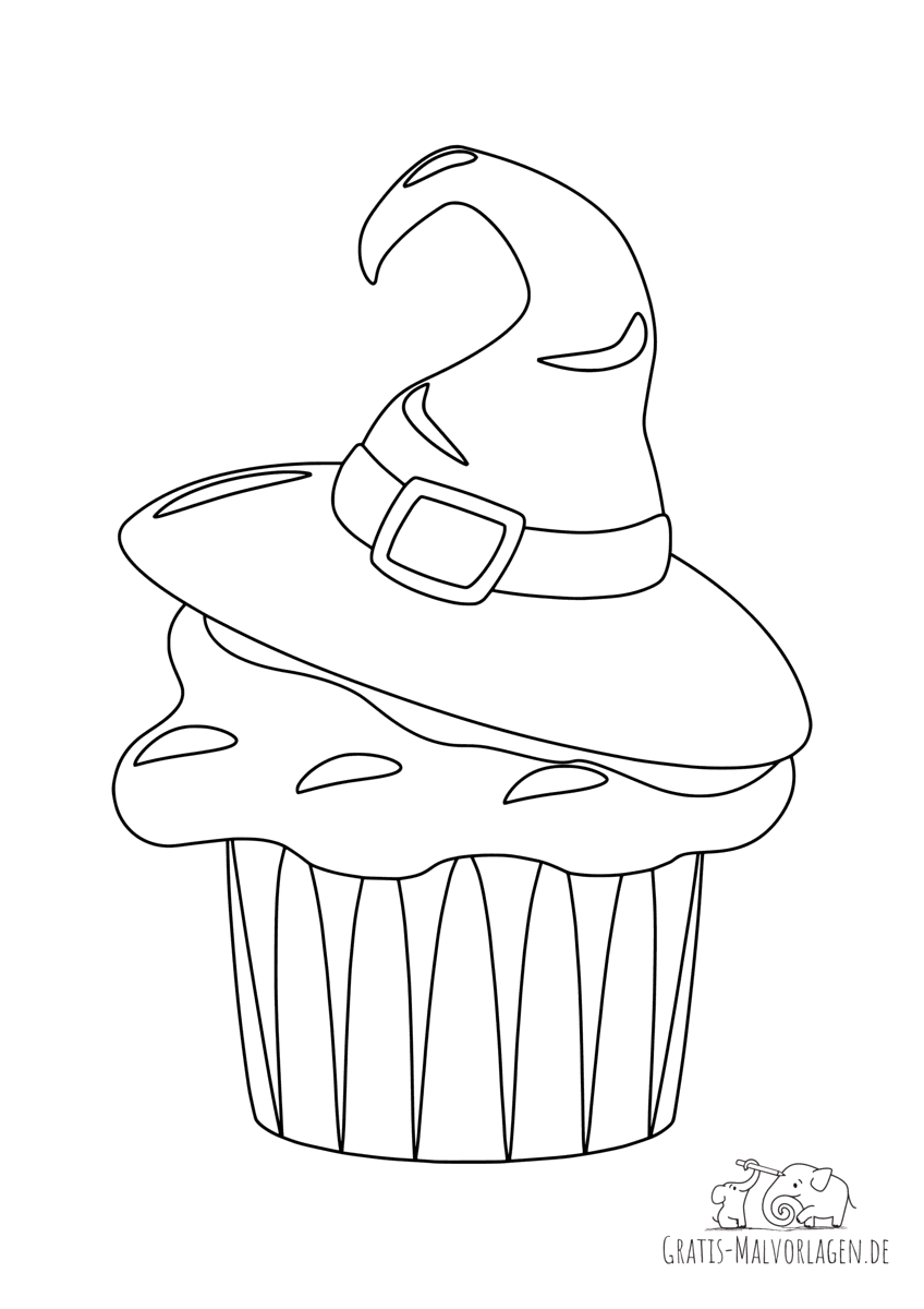 Ausmalbild Muffin mit einem Hexenhut