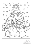 Ausmalbild Schneemann und Schneefrau freuen sich über schönen Weihnachtsbaum