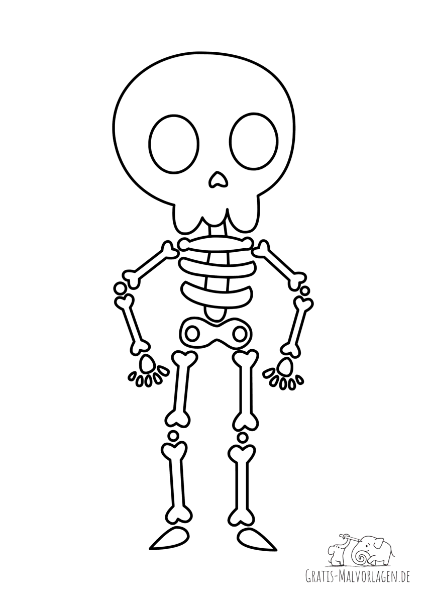 Ausmalbild Skelett mit Schädel