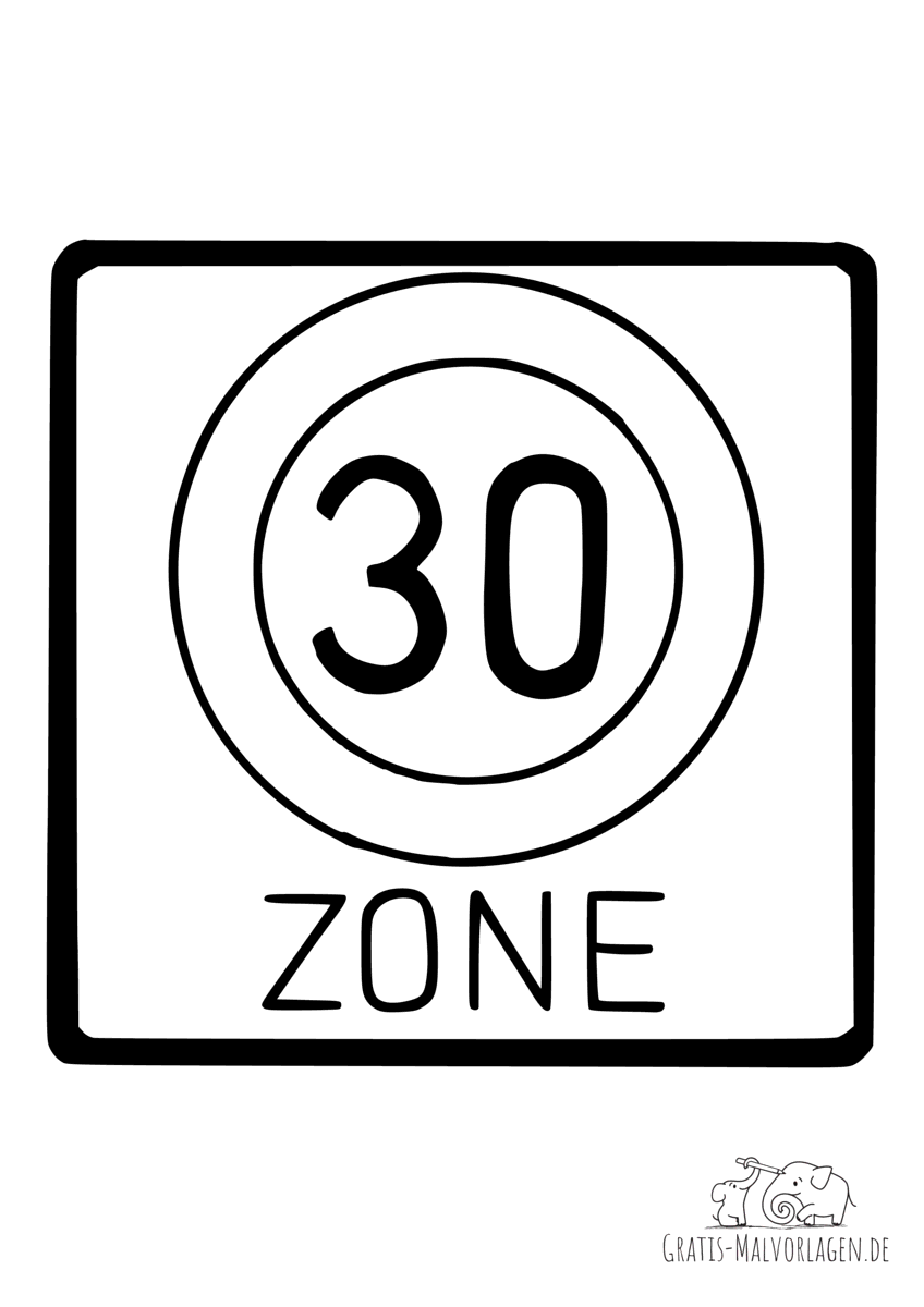 Ausmalbild Verkehrszeichen Tempo-30-Zone (30er Zone)