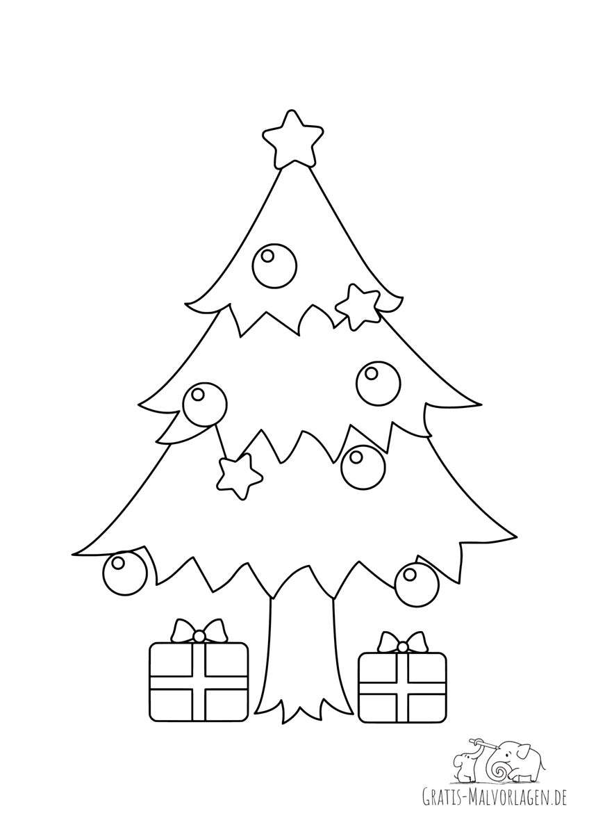 Ausmalbild Weihnachtsbaum mit Geschenken   Gratis Malvorlagen